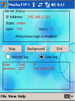 Mocha FTP Server running in the foreground on a Windows Mobile device