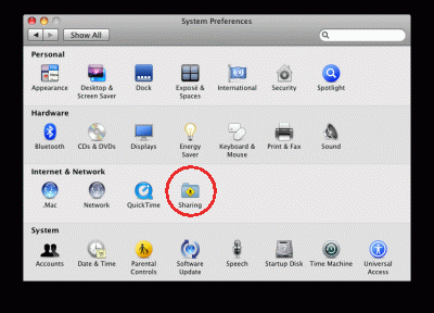 Selecting Internet & Network - Sharing 