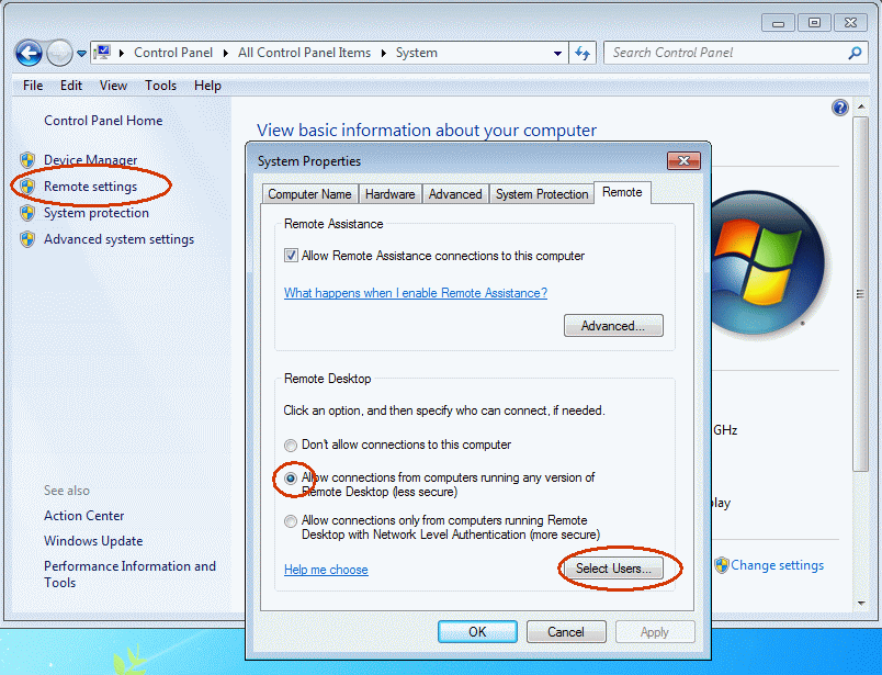 Remote Desktop Connection Setup Windows Vista